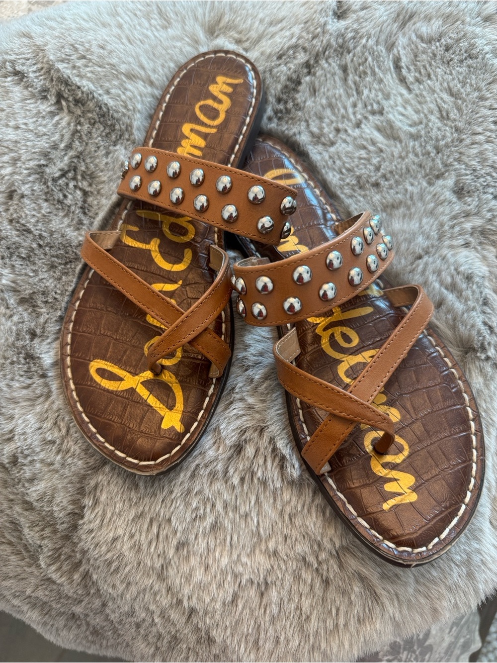Sam Edelman Brown Studded Leather Slide Sandals